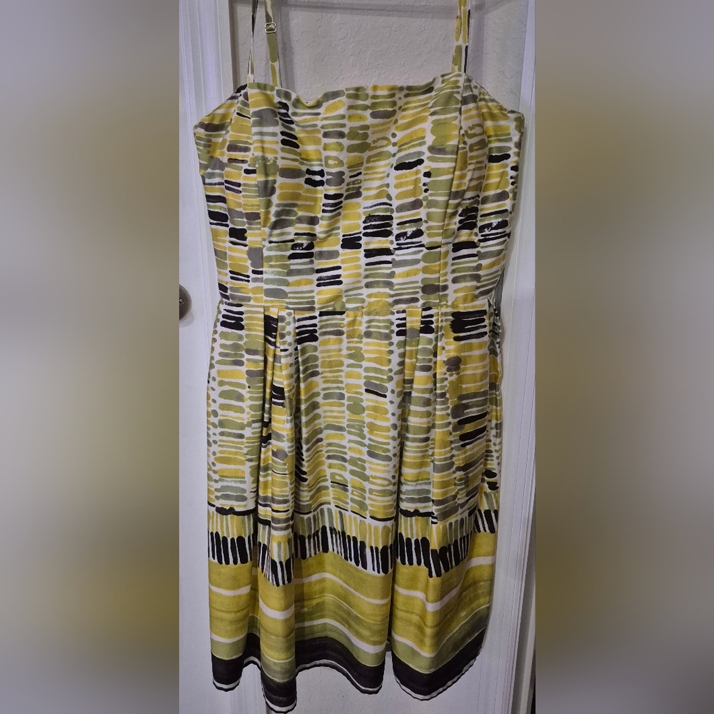 Yellow and Green Spagetti Strap Patterned Pleated Midi Dress